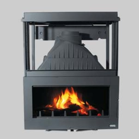 Foyer insert à bois porte relevable vitrée INSERT 660139 - Habillage en fonte et acier façade de GODIN
